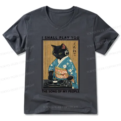 Tokyo-Tiger Funny Playing Music Black Cat V-Neck Classic T-Shirt
