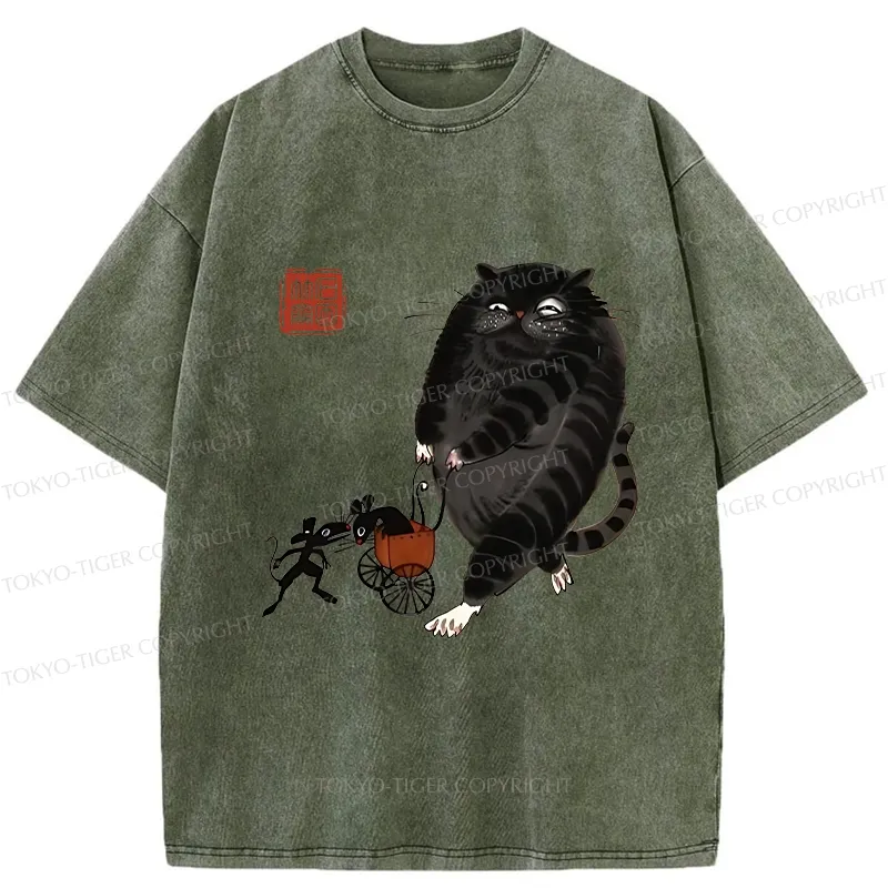 Tokyo-Tiger Funny Cat Pushing Mouse In Cart Washed T-Shirt