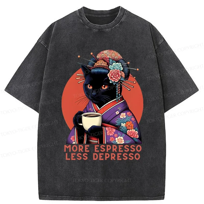 Tokyo-Tiger Black Cat Geisha Drinking Coffee Washed T-Shirt