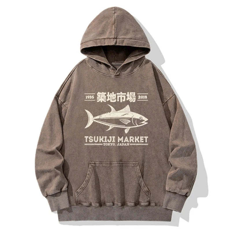 Tokyo-Tiger Retro Tsukiji Fish Market Streetwear Tokyo Washed Hoodie