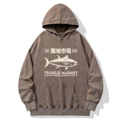 Tokyo-Tiger Retro Tsukiji Fish Market Streetwear Tokyo Washed Hoodie