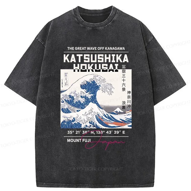 Tokyo-Tiger Ukiyo-e Waves Poster Washed T-Shirt