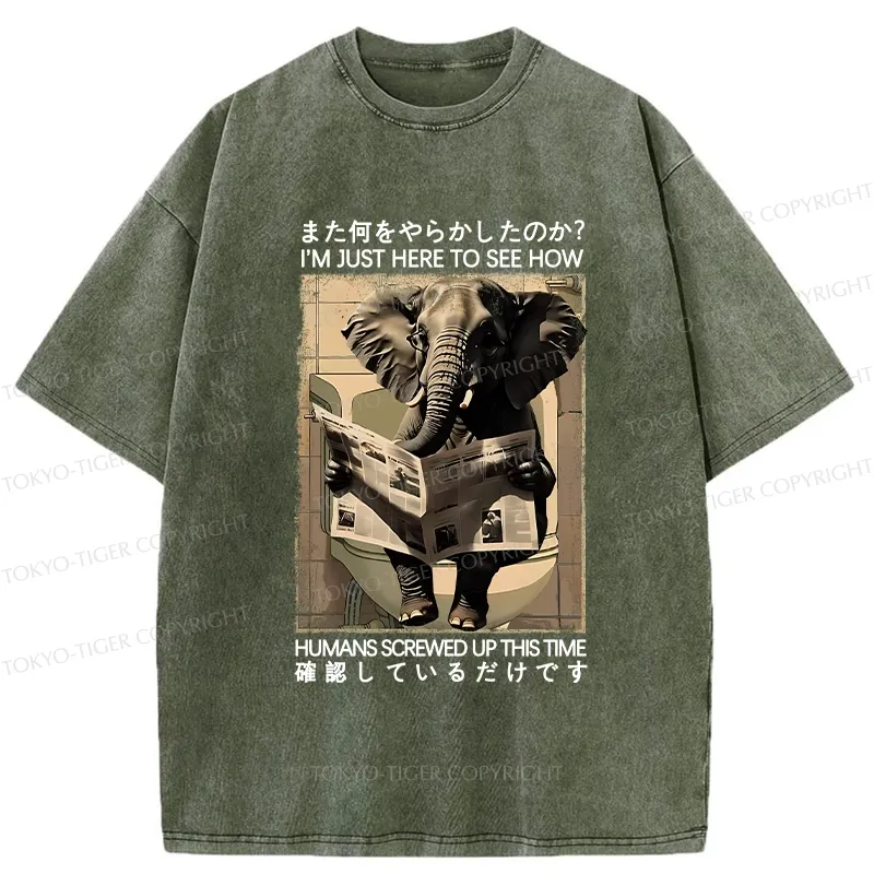 Tokyo-Tiger Funny Elephant Reading Newspaper Washed T-Shirt