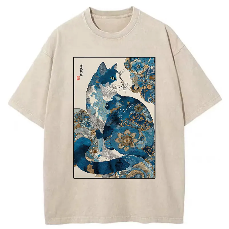 Tokyo-Tiger Japanese Ukiyo-e Flowers Cat Washed T-Shirt
