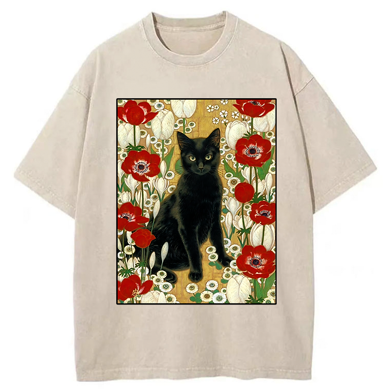 Tokyo-Tiger Black Cat In The Garden Washed T-Shirt
