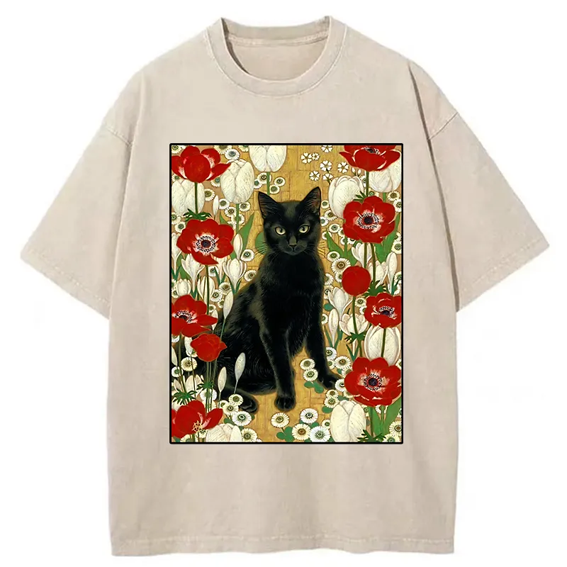 Tokyo-Tiger Black Cat In The Garden Washed T-Shirt