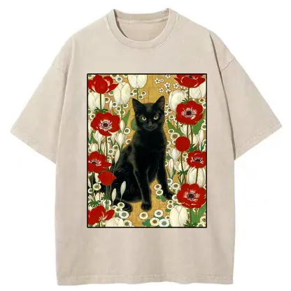 Tokyo-Tiger Black Cat In The Garden Washed T-Shirt