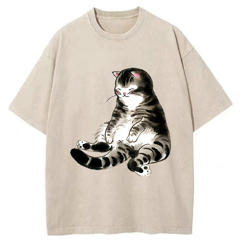 Tokyo-Tiger Ink Painting Cute Cat Washed T-Shirt