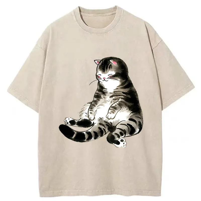 Tokyo-Tiger Ink Painting Cute Cat Washed T-Shirt