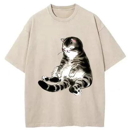 Tokyo-Tiger Ink Painting Cute Cat Washed T-Shirt