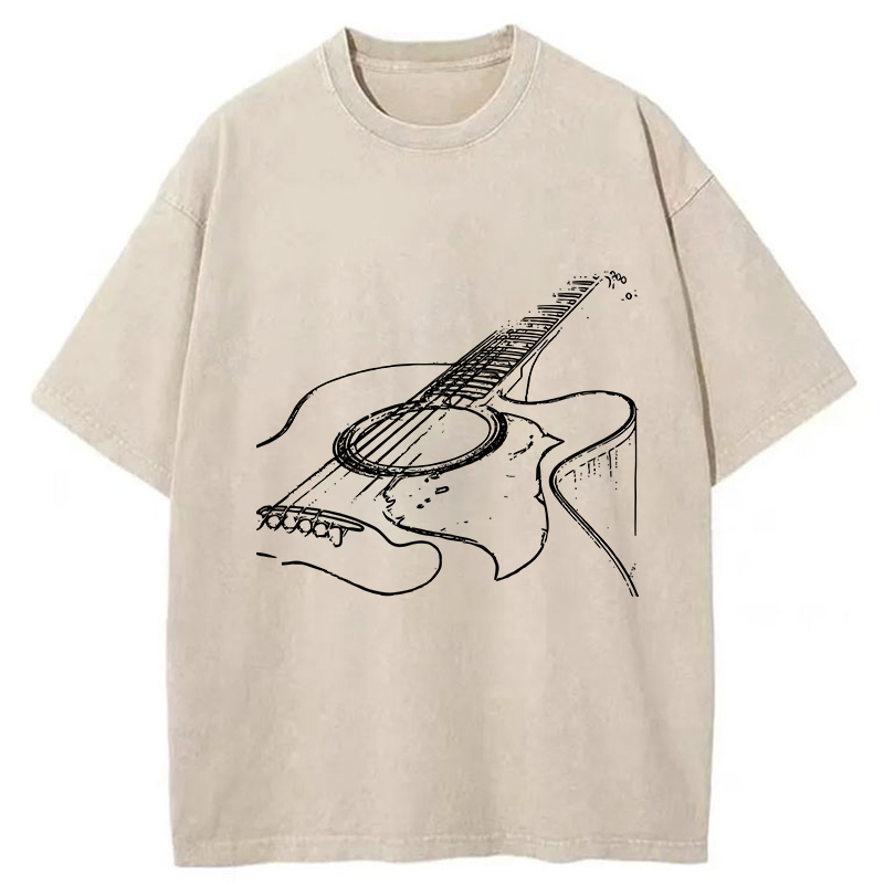 Tokyo-Tiger Guitar Line Art Washed T-Shirt