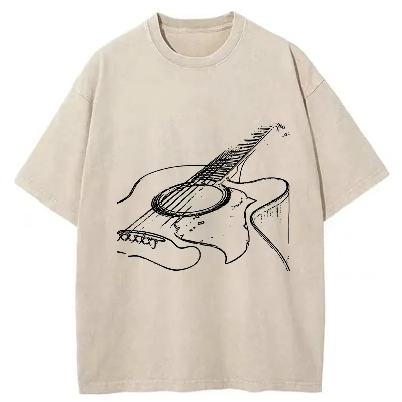 Tokyo-Tiger Guitar Line Art Washed T-Shirt