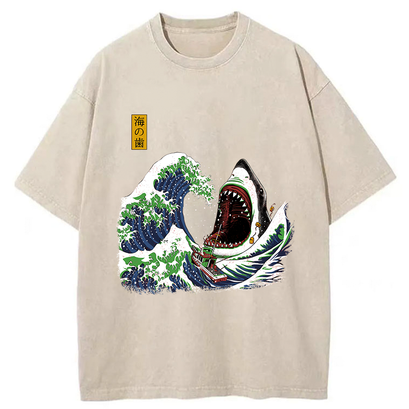 Tokyo-Tiger The Great Wave Ukiyoe Shark Washed T-Shirt