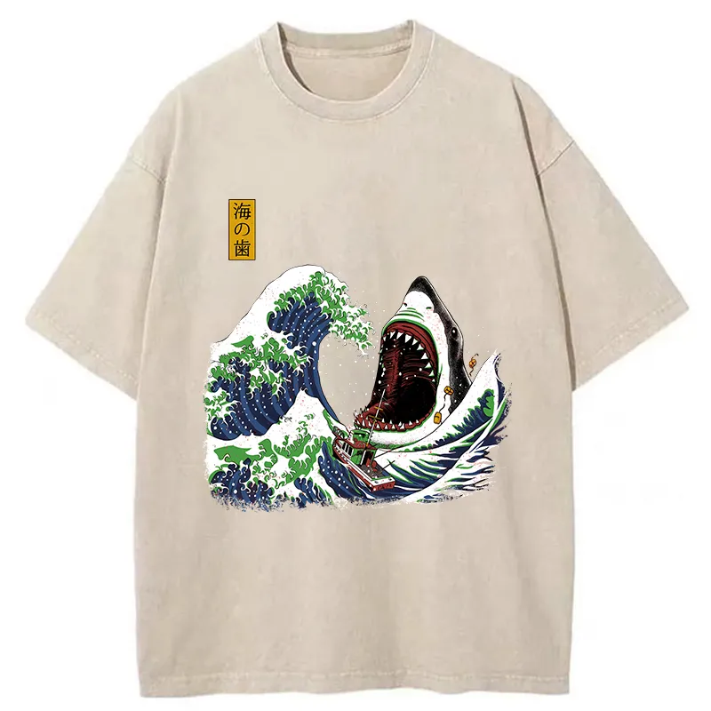 Tokyo-Tiger The Great Wave Ukiyoe Shark Washed T-Shirt