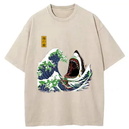 Tokyo-Tiger The Great Wave Ukiyoe Shark Washed T-Shirt