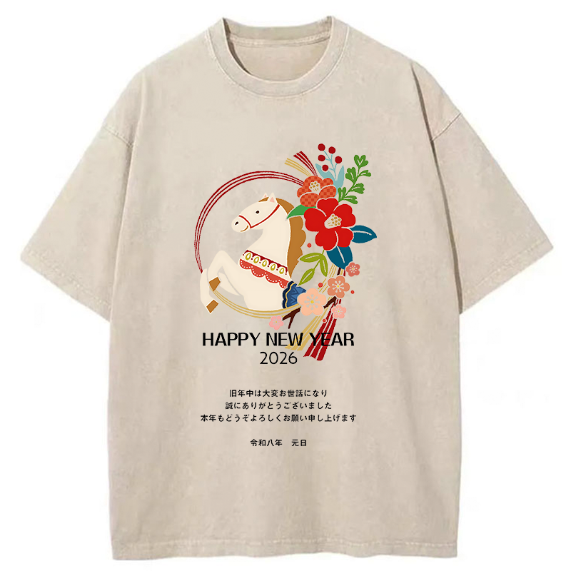 Tokyo-Tiger Happy New Year Fire Horse Washed T-Shirt