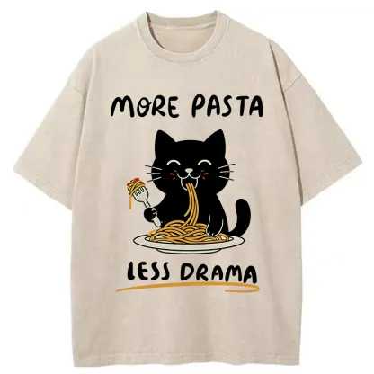 Tokyo-Tiger More Pasta Less Drama Cat Washed T-Shirt