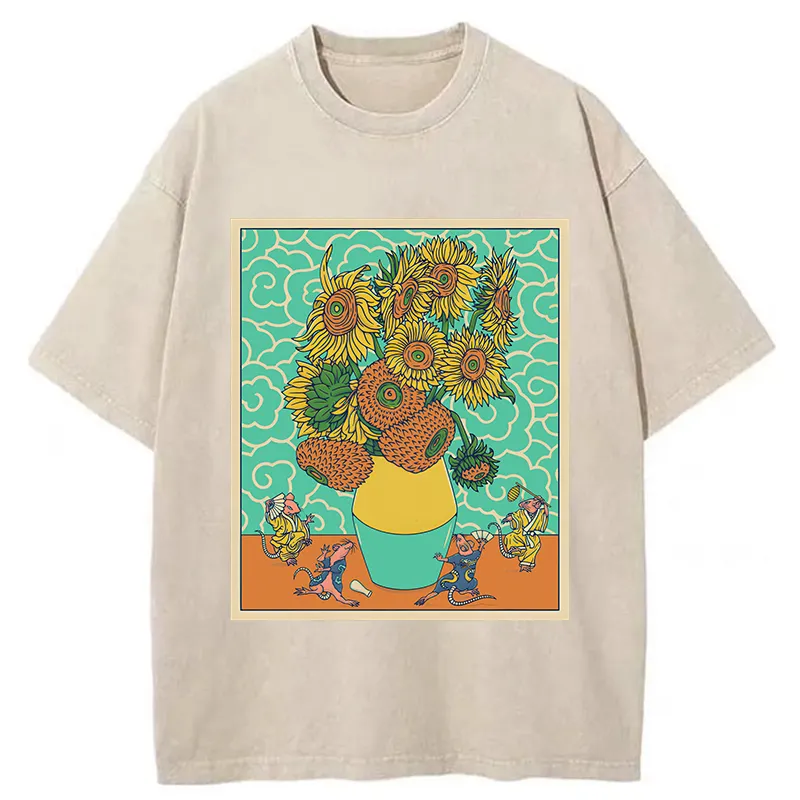 Tokyo-Tiger Japanese Mouse Dancing Sunflower Washed T-Shirt