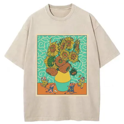 Tokyo-Tiger Japanese Mouse Dancing Sunflower Washed T-Shirt