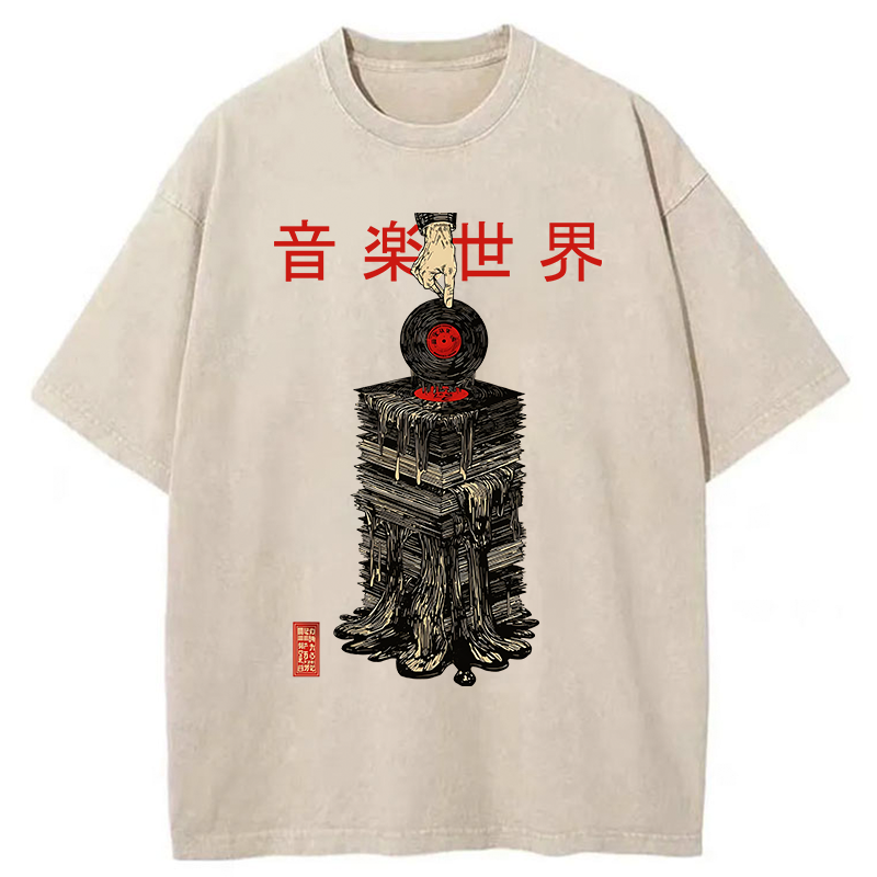 Tokyo-Tiger Retro Music Records Washed T-Shirt