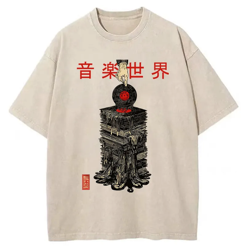 Tokyo-Tiger Retro Music Records Washed T-Shirt