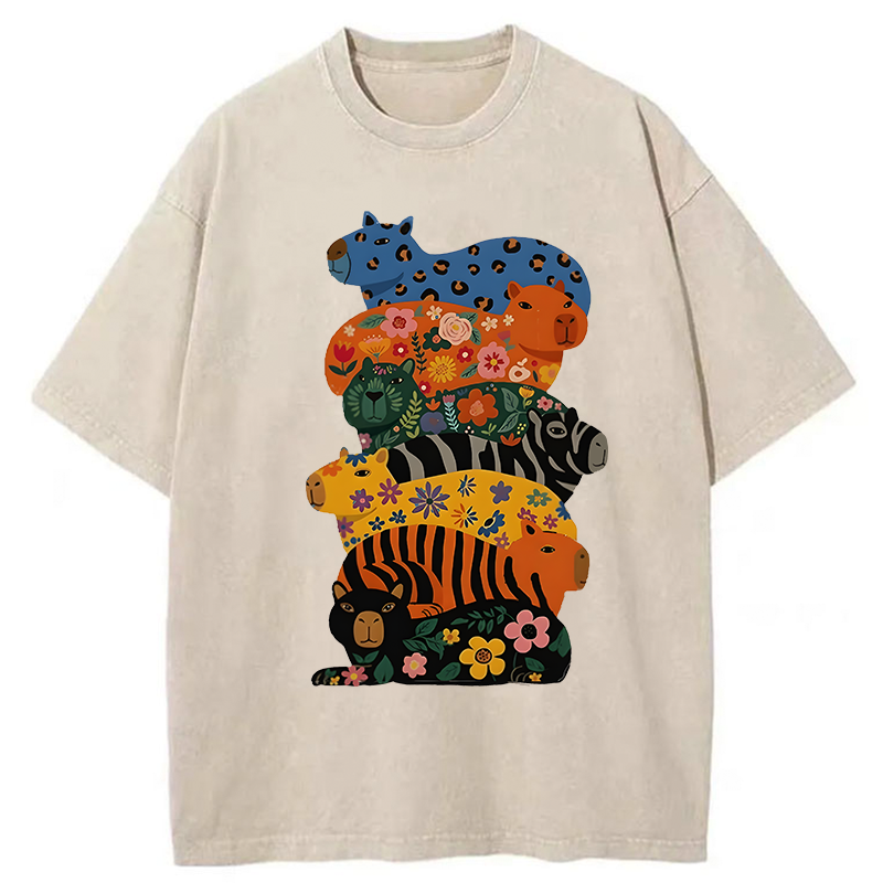 Tokyo-Tiger Cute Colorful Capybaras Washed T-Shirt
