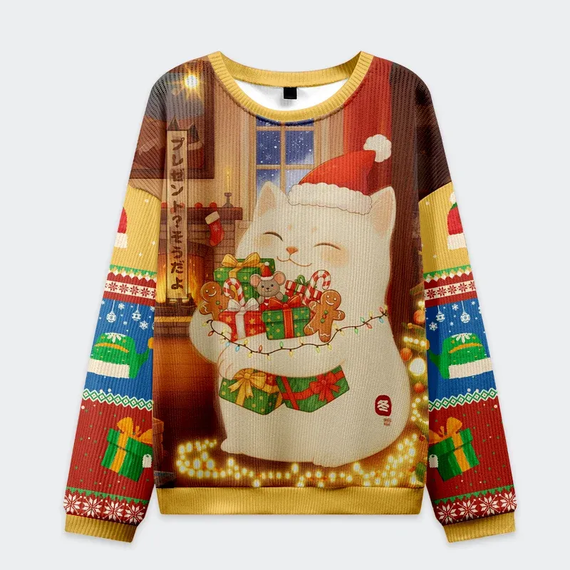 Tokyo-Tiger Cat Holding Gift Christmas Ugly Sweatshirt Sale