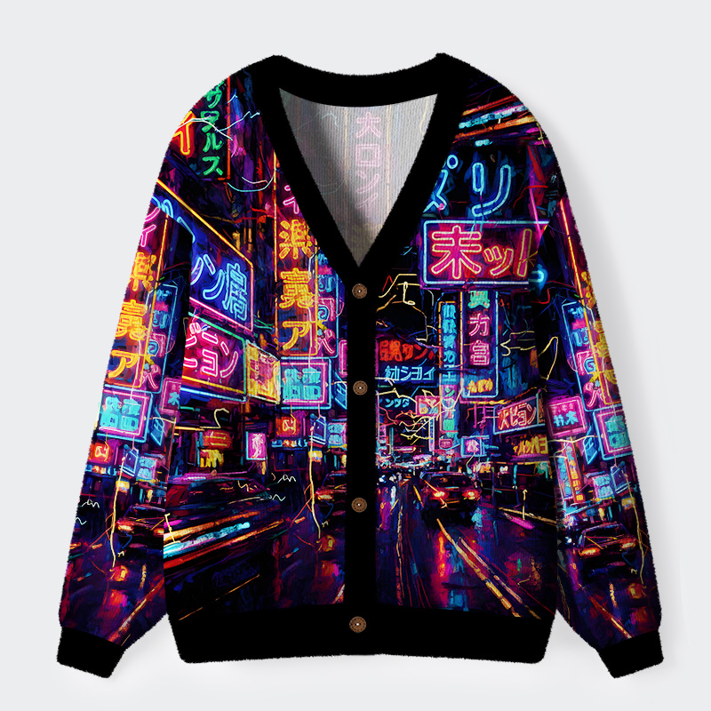 Tokyo-Tiger Tokyo Street Scene Ugly Cardigan Sweater