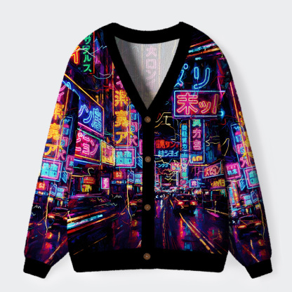 Tokyo-Tiger Tokyo Street Scene Ugly Cardigan Sweater