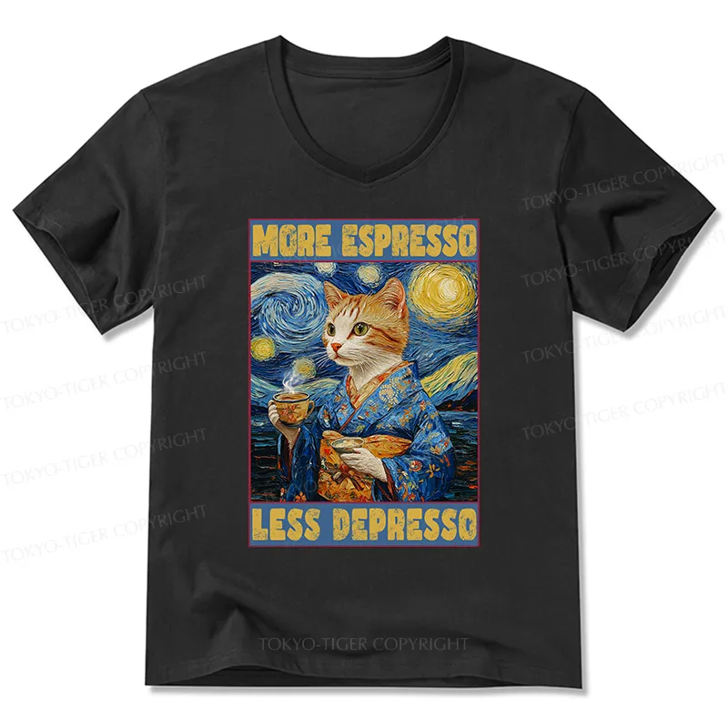 Tokyo-Tiger Funny More Espresso Less Depresso V-Neck Classic T-Shirt