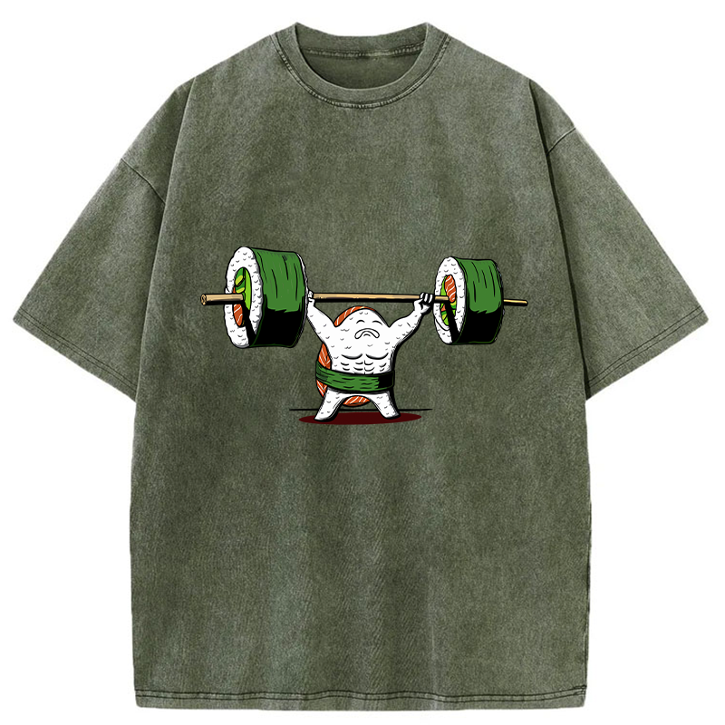 Tokyo-Tiger Funny Sushi Weightlifting Washed T-Shirt