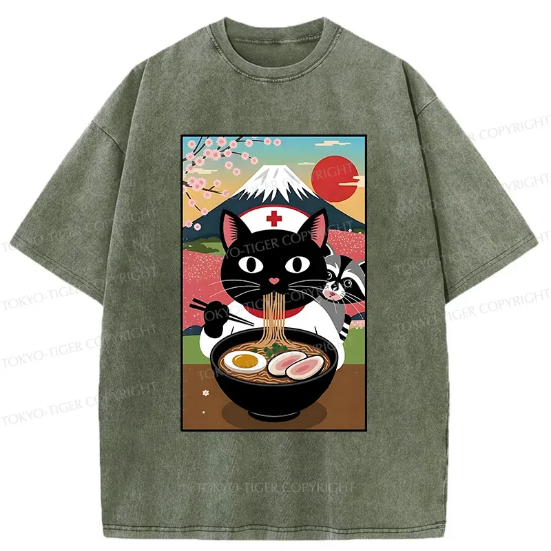 Tokyo-Tiger Nurse Cat Eating Ramen Washed T-Shirt