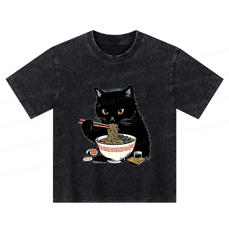 Tokyo-Tiger Cat Eating Favorite Ramen Kids Washed T-Shirt