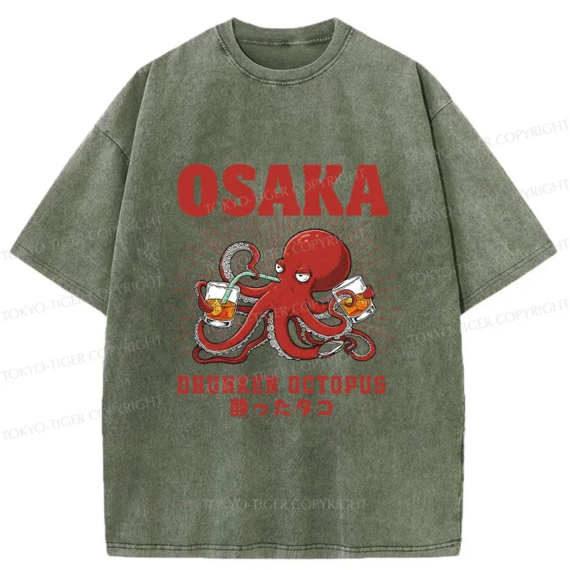 Tokyo-Tiger Octopus Drinking Beer Washed T-Shirt