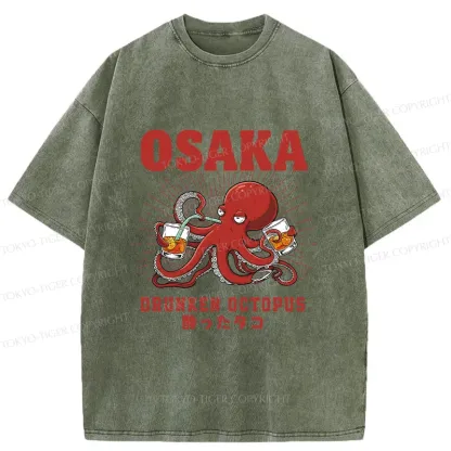 Tokyo-Tiger Octopus Drinking Beer Washed T-Shirt