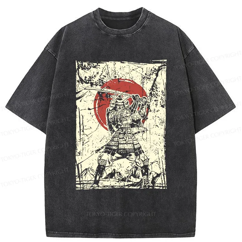 Tokyo-Tiger Japanese Samurai Retro Washed T-Shirt