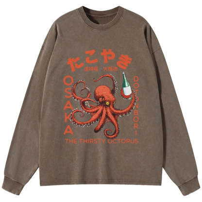 Tokyo-Tiger Octopus Drinks Soju Washed Long Sleeve T-Shirt
