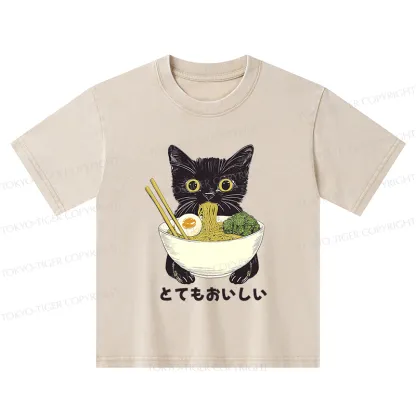 Tokyo-Tiger Ramen Lover Cute Cat Kids Washed T-Shirt