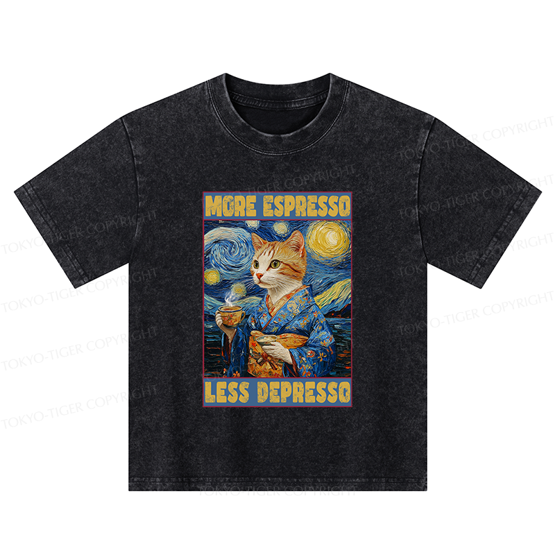 Tokyo-Tiger Funny More Espresso Less Depresso Kids Washed T-Shirt
