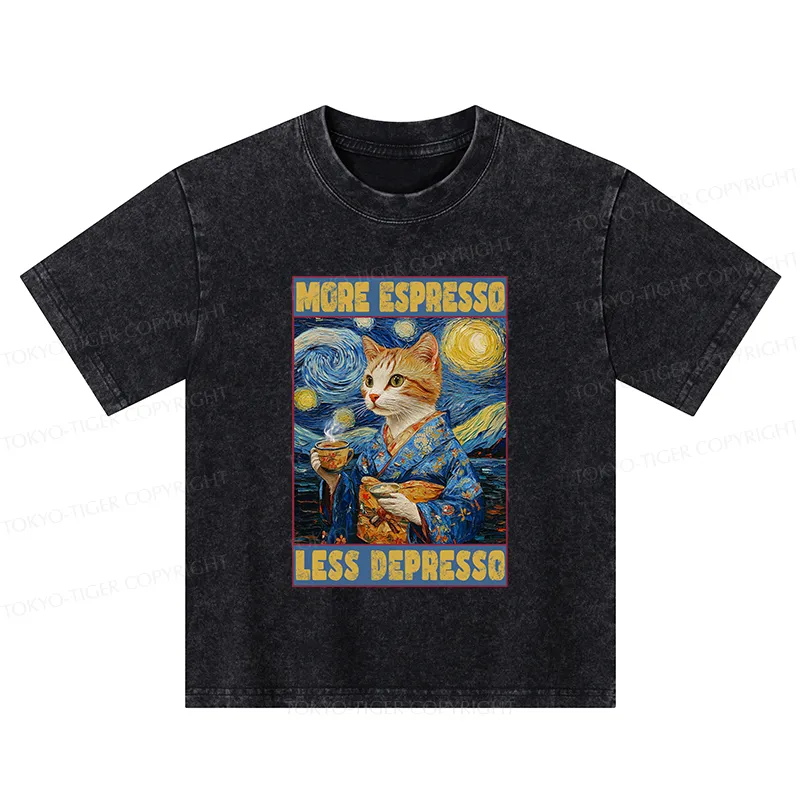 Tokyo-Tiger Funny More Espresso Less Depresso Kids Washed T-Shirt