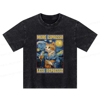 Tokyo-Tiger Funny More Espresso Less Depresso Kids Washed T-Shirt