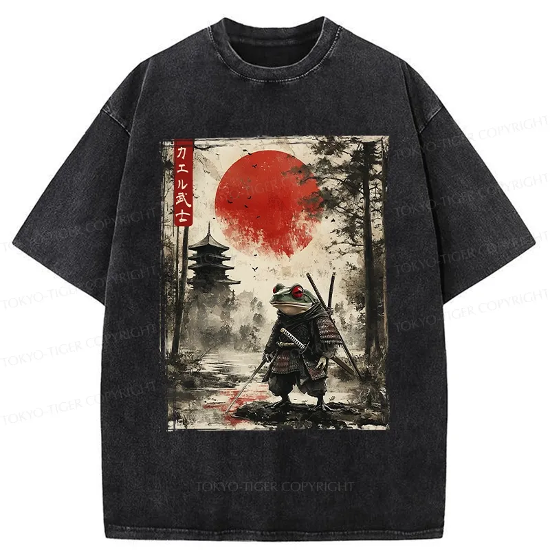 Tokyo-Tiger Retro Frog Samurai Japan Washed T-Shirt
