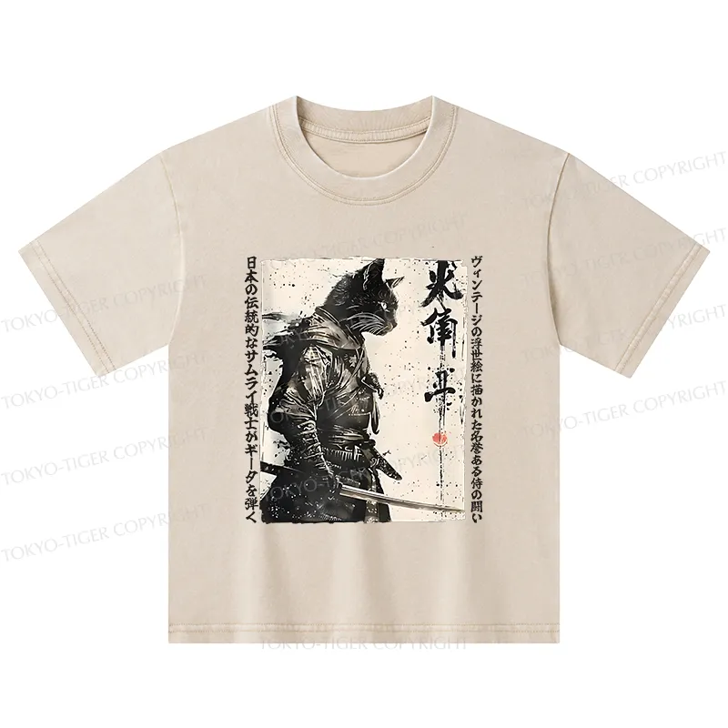 Tokyo-Tiger Cat Samurai Retro Kids Washed T-Shirt