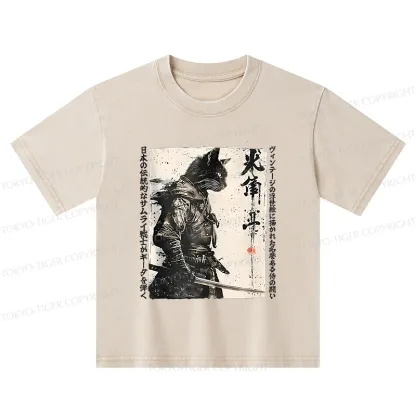 Tokyo-Tiger Cat Samurai Retro Kids Washed T-Shirt