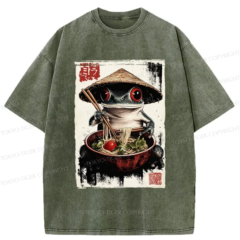 Tokyo-Tiger Retro Frog Eating Ramen Noodles Washed T-Shirt