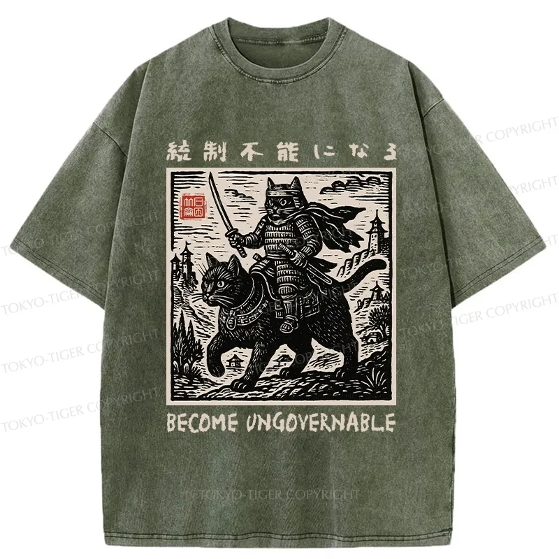 Tokyo-Tiger Funny Cat Samurai Riding A Cat Washed T-Shirt