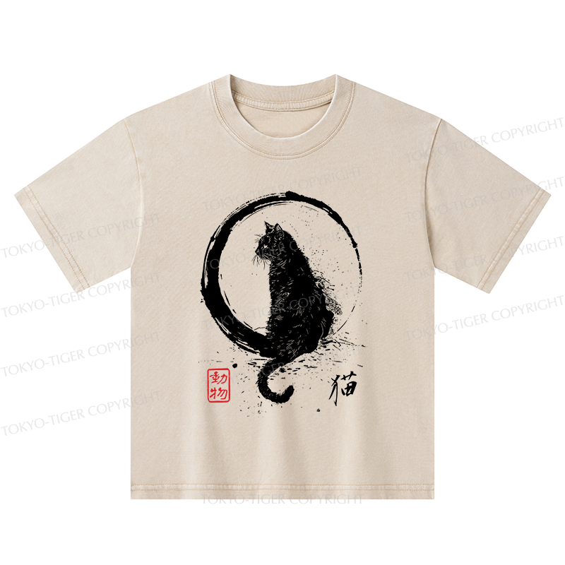 Tokyo-Tiger Retro Japanese Black Cat Kids Washed T-Shirt