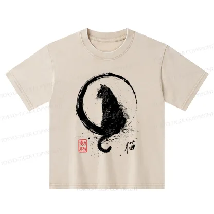 Tokyo-Tiger Retro Japanese Black Cat Kids Washed T-Shirt