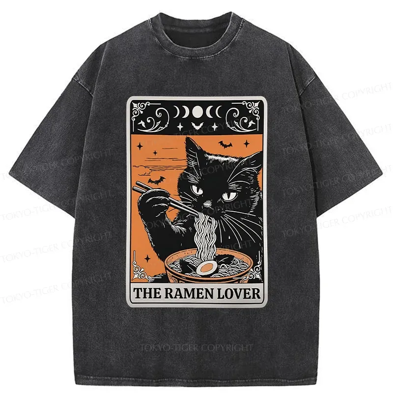 Tokyo-Tiger Cat Loves Ramen Washed T-Shirt