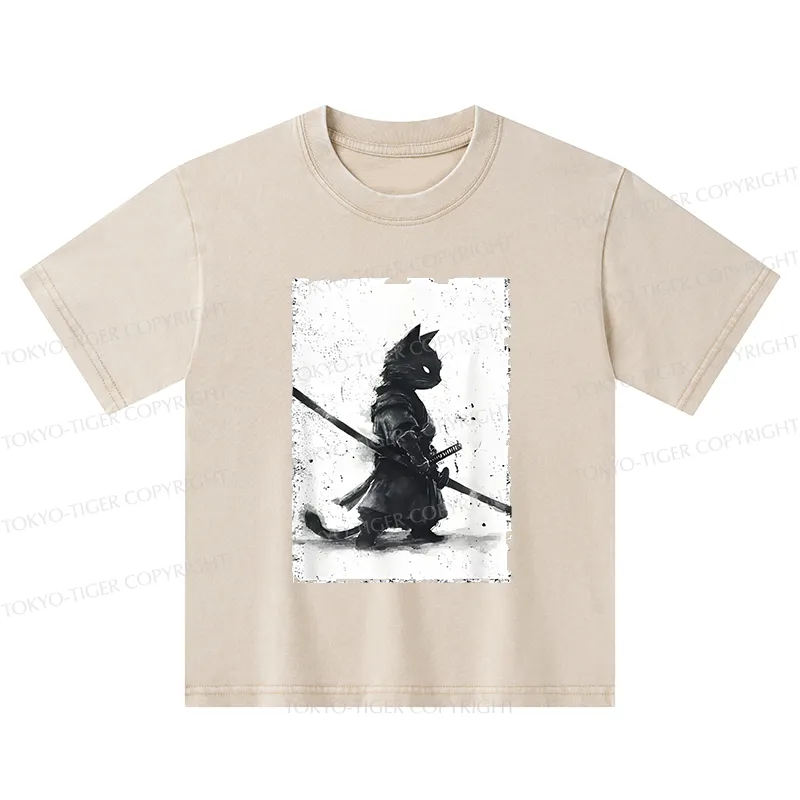 Tokyo-Tiger Retro Cat Samurai Japanese Kids Washed T-Shirt